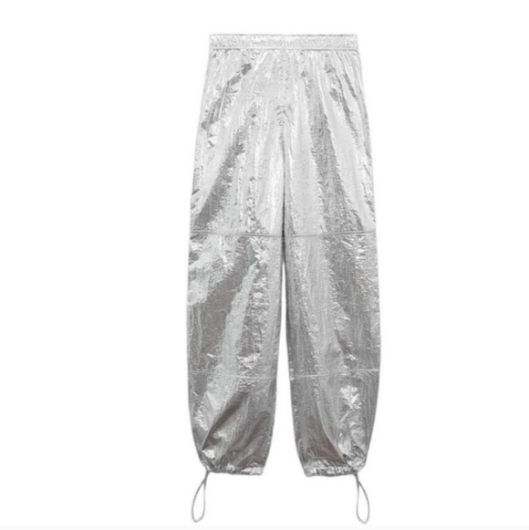 New Zara Shiny Metallic Silver Parachute Mid Rise Pants Trousers 8338/405 NWT XS - Picture 7 of 12